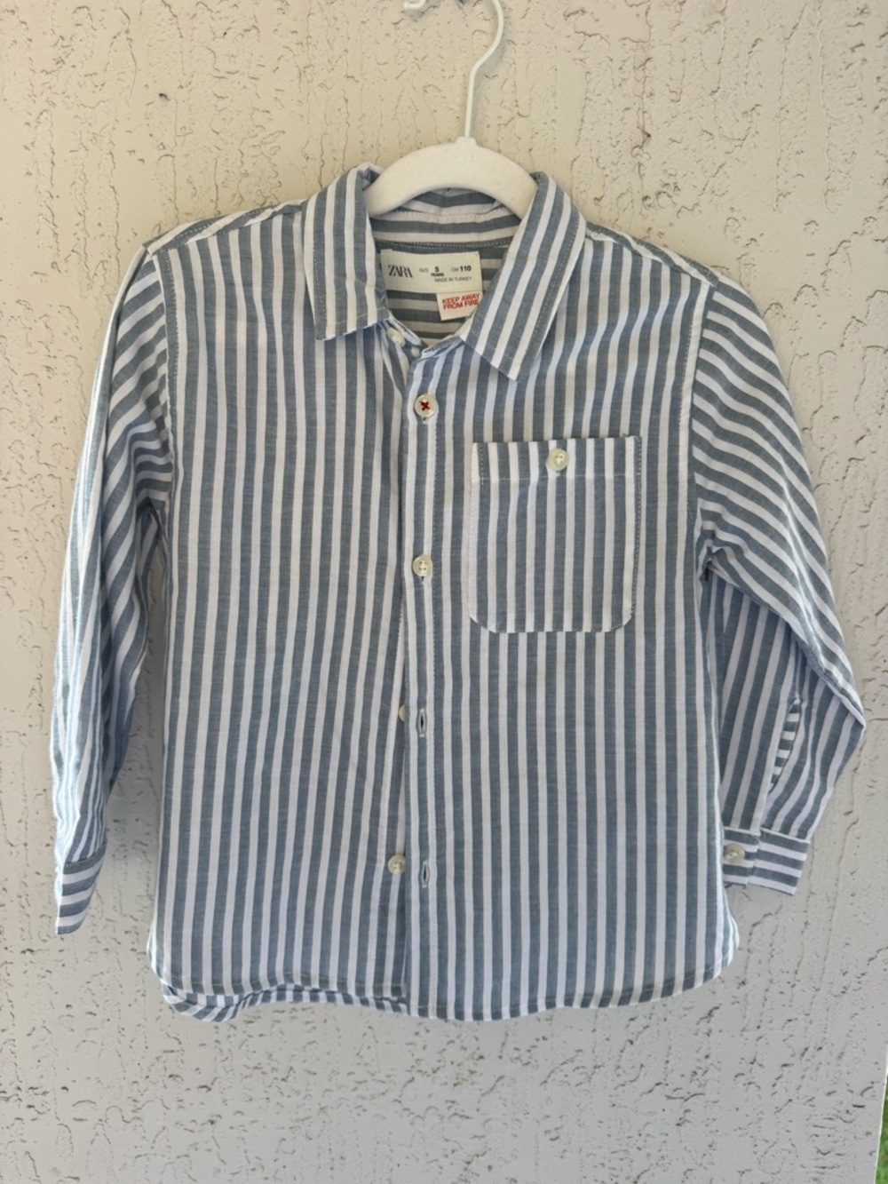 ZARA Boys Kids Blue & White Vertical Stripe Button-Down Shirt 5Y